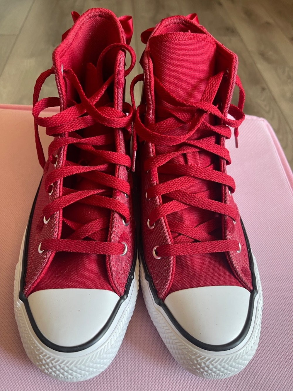 Cranberry Red Converse High tops with polka dots & bows - Picture 3 of 7